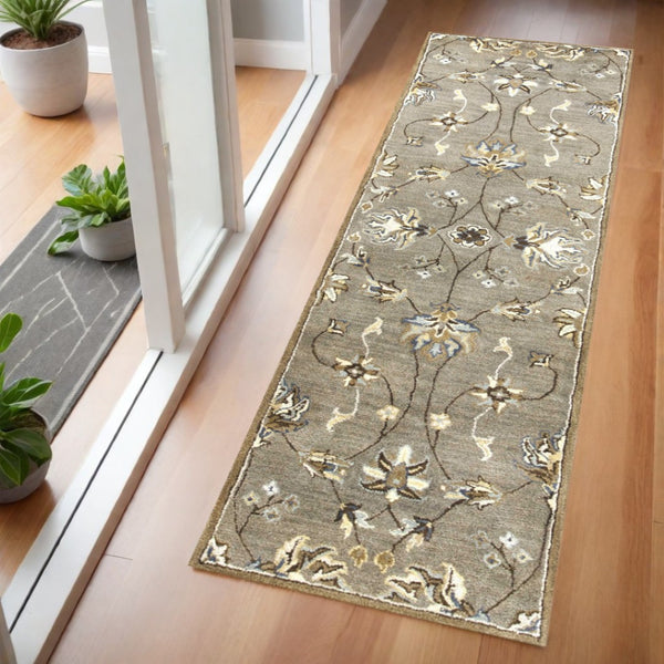 HomeRoots 8' Hand-Tufted Wool Floral Area Rug in Gray, Ivory & Brown - Elegant Design for Timeless Décor 7' Runner 352326