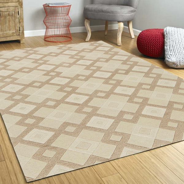 HomeRoots 3'' Ivory and Brown Geometric Wool Area Rug – Handcrafted Plush Comfort for Modern Home Décor 3' X 5' 352349