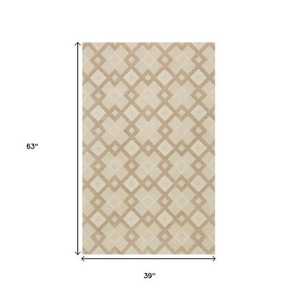 HomeRoots 3'' Ivory and Brown Geometric Wool Area Rug – Handcrafted Plush Comfort for Modern Home Décor 3' X 5' 352349