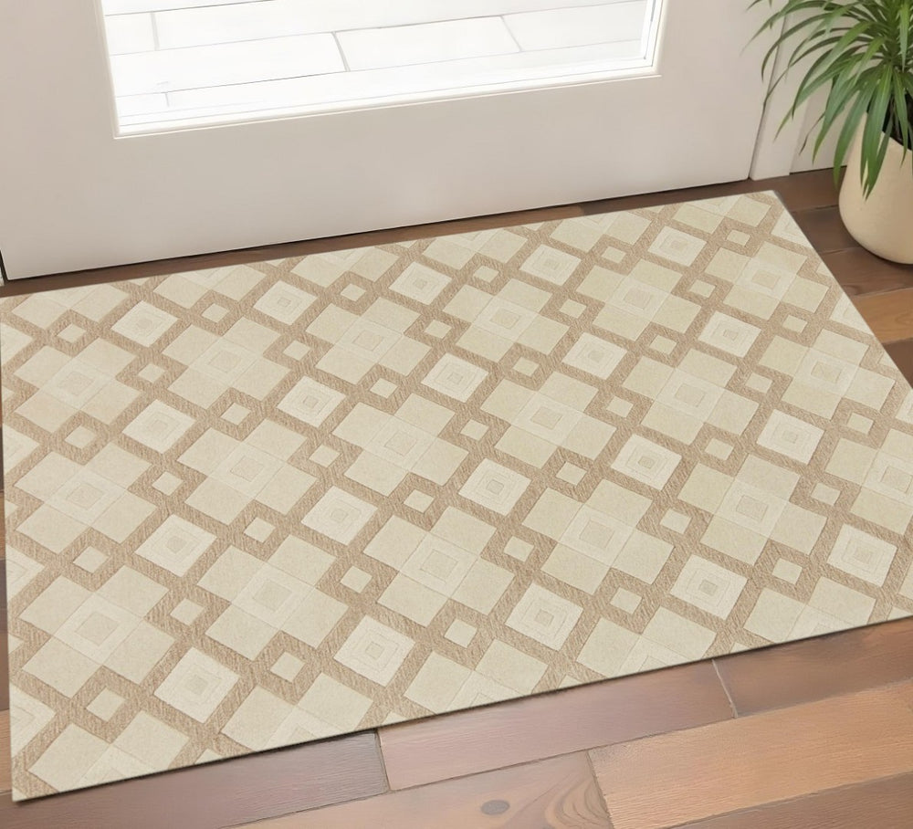 HomeRoots 3'' Ivory and Brown Geometric Wool Area Rug – Handcrafted Plush Comfort for Modern Home Décor 3' X 5' 352349