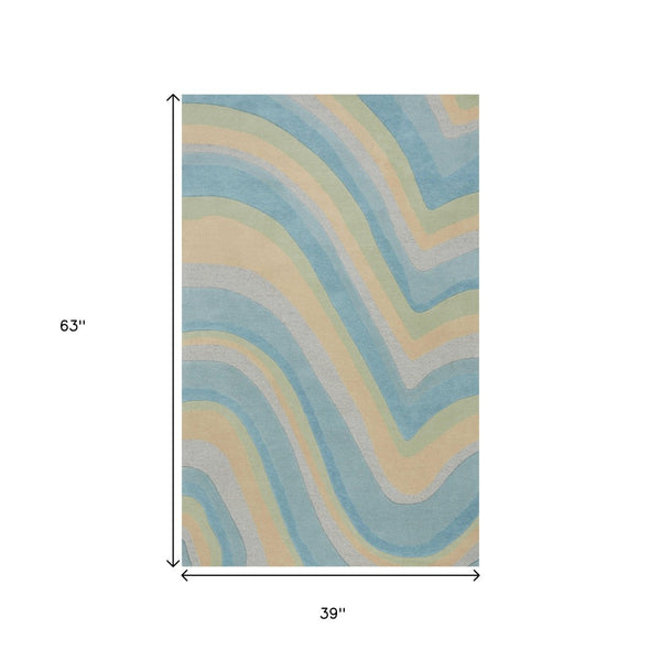HomeRoots 3' Abstract Hand-Tufted Wool Area Rug in Blue, Beige, and Green - Cozy Modern Decor for Small Spaces 3' X 5' 352350