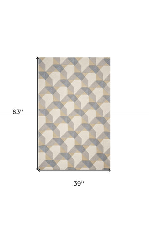 HomeRoots 3'' Ivory Gray and Cream Wool Geometric Area Rug - Soft, Modern Elegance for Any Space 3' X 5' 352351