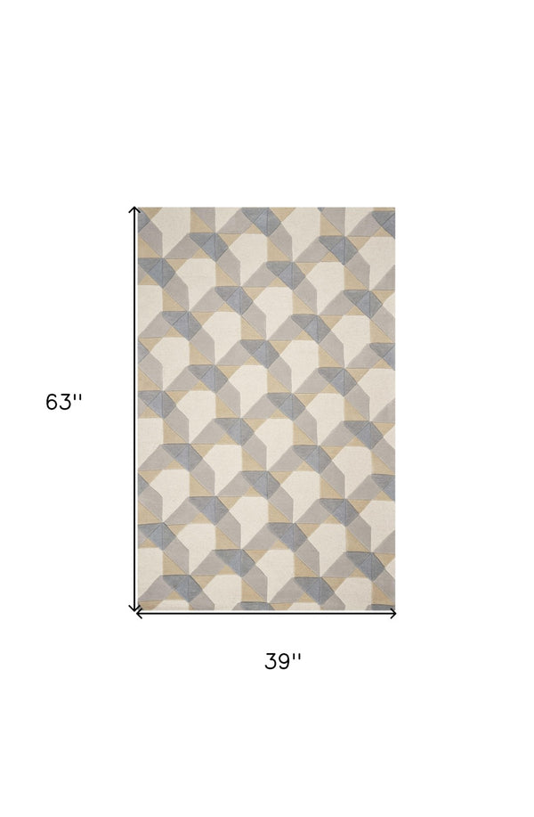 HomeRoots 3'' Ivory Gray and Cream Wool Geometric Area Rug - Soft, Modern Elegance for Any Space 3' X 5' 352351
