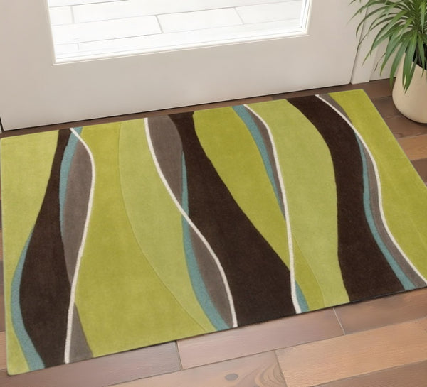 HomeRoots 8' Vibrant Lime Green, Brown, and Blue Hand-Tufted Wool Runner Rug for Stylish Hallway Decor 3' X 5' 352357