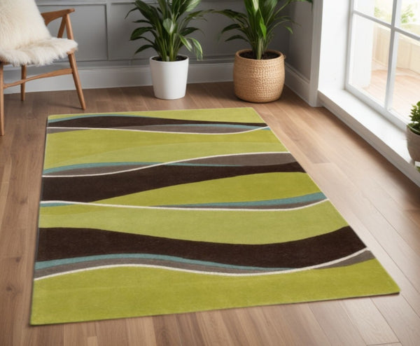 HomeRoots 8' Vibrant Lime Green, Brown, and Blue Hand-Tufted Wool Runner Rug for Stylish Hallway Decor 3' X 5' 352357
