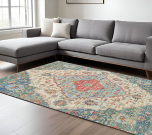 HomeRoots 7' Handcrafted Jute Medallion Area Rug in Blue, Beige & Brick Red – Timeless Elegance for Your Home 5' X 7' 352368