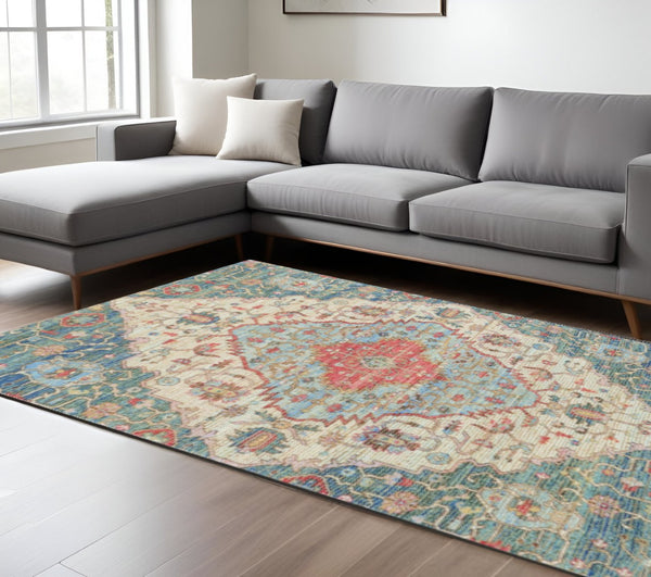 HomeRoots 7' Handcrafted Jute Medallion Area Rug in Blue, Beige & Brick Red – Timeless Elegance for Your Home 5' X 7' 352368