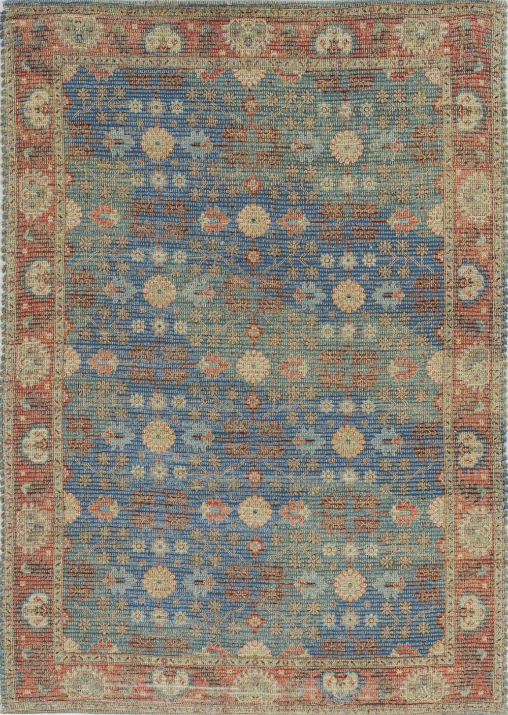 HomeRoots 5' Hand-Woven Floral Medallion Area Rug in Distressed Blue, Red, and Beige for Timeless Elegance 5' X 7' 352369