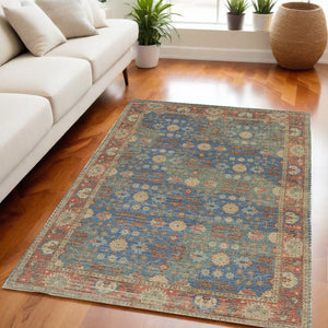 Homeroots 5' X 7' Blue And Red Floral Medallion Hand Woven Area Rug  Jute,Polyester 352369