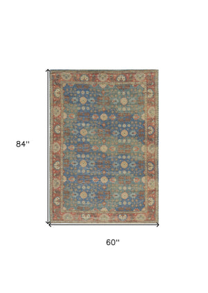 Homeroots 5' X 7' Blue And Red Floral Medallion Hand Woven Area Rug  Jute,Polyester 352369