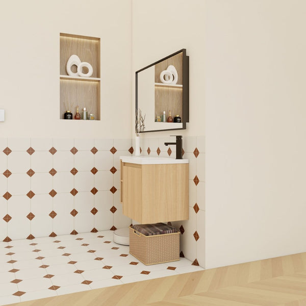 English Elm 36" Corner Floating Vanity with Integrated Resin Sink Open Shelf Light Oak Modern Bath W3450S00049