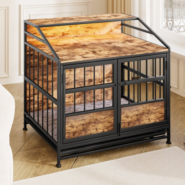English Elm Multi-function Wooden Dog Crate with Rgb Led Storage Console for Large Breeds W840P291740