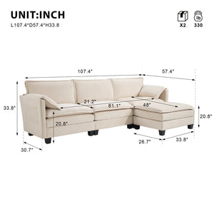 English Elm 107-inch Modular L-shaped Sectional Sofa with Velvet Upholstery and Built-in Storage Beige W3480S00001