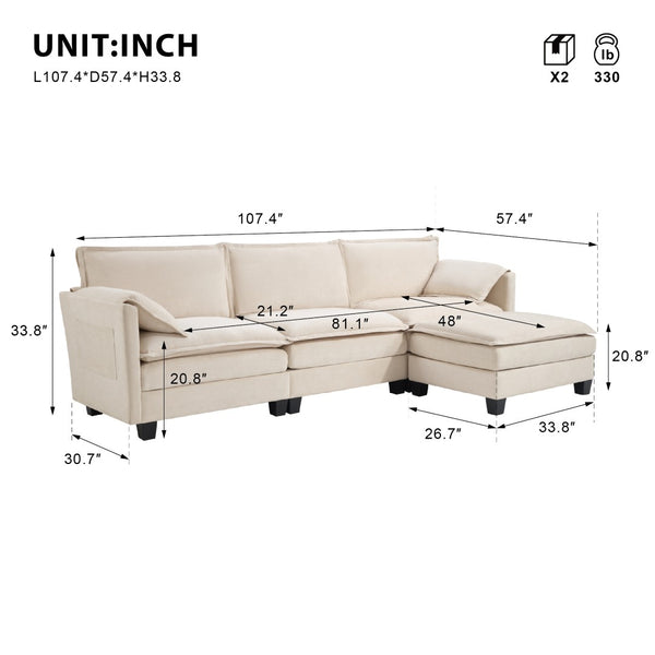 English Elm 107-inch Modular L-shaped Sectional Sofa with Velvet Upholstery and Built-in Storage Beige W3480S00001