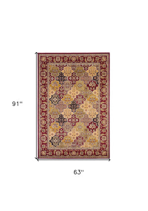 HomeRoots 5' Bold Moroccan Quatrefoil Area Rug in Red, Orange, and Black - Durable, Stylish, Easy Care for Any Space 5" x 8" 352423