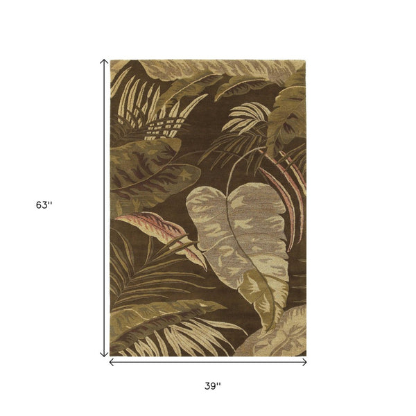 HomeRoots 5' Hand-Tufted Wool Area Rug with Brown and Beige Botanical Leaves – Artisanal Comfort for Every Room 3' X 5' 352444