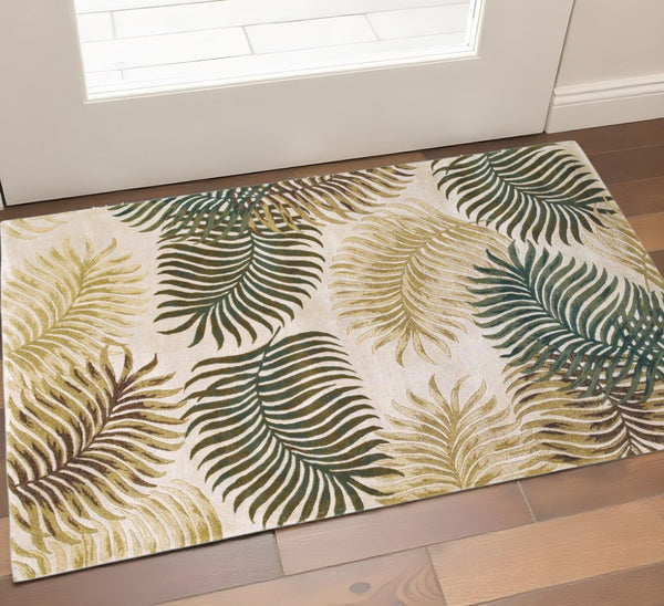 HomeRoots 5' Natural Green and Brown Wool Botanical Leaves Hand-Tufted Area Rug for Cozy Modern Spaces 3' X 5' 352447