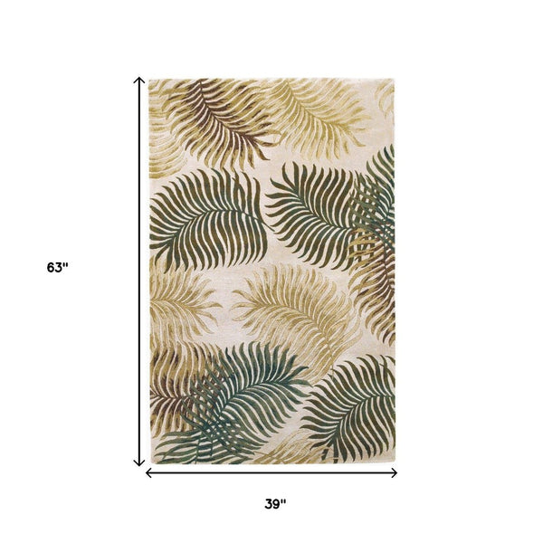 HomeRoots 5' Natural Green and Brown Wool Botanical Leaves Hand-Tufted Area Rug for Cozy Modern Spaces 3' X 5' 352447