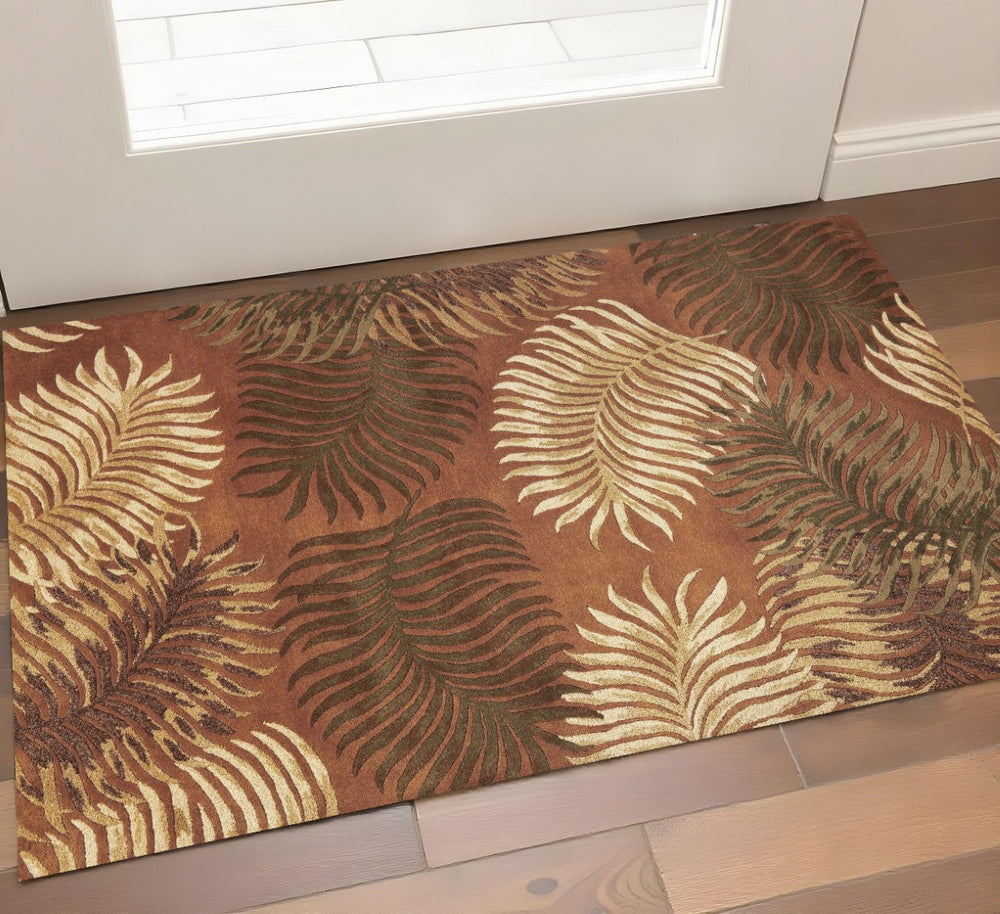 HomeRoots 5' Hand-Tufted Wool Area Rug with Rich Rust Orange & Green Leaf Motif for Botanical Elegance 3' X 5' 352448