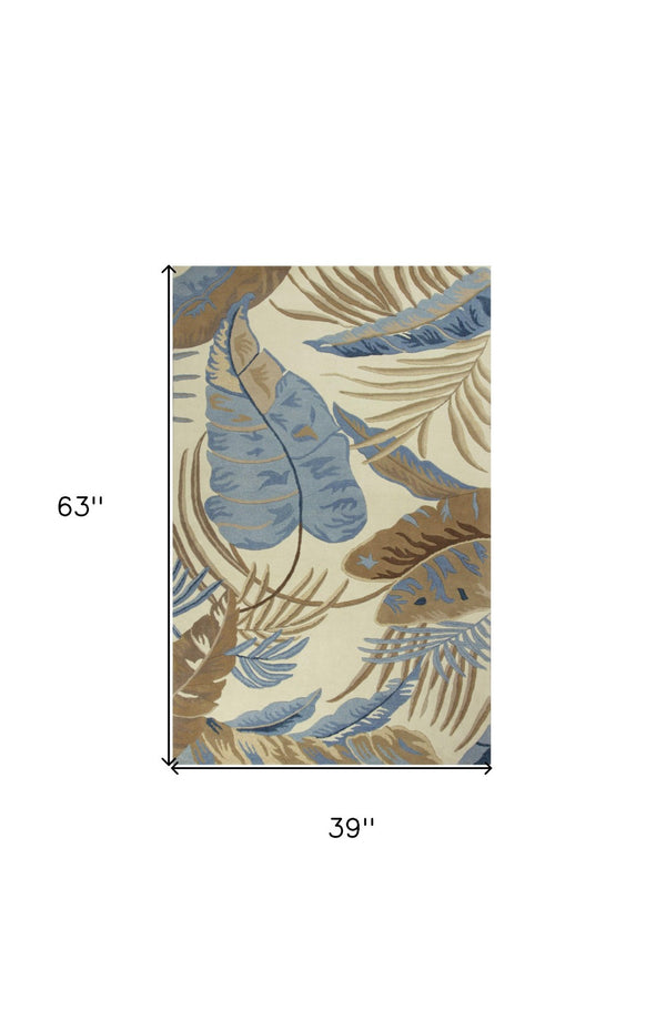 HomeRoots 5' Tropical Botanical Wool Area Rug in Ivory, Blue & Brown - Hand-Tufted Coastal Charm for Any Room 3' X 5' 352449