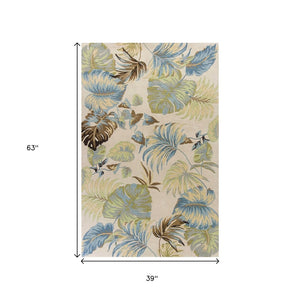 HomeRoots 5' Luxurious Hand-Tufted Wool Area Rug with Botanical Blue Leaves - Organic Elegance for Any Room 3' X 5' 352450