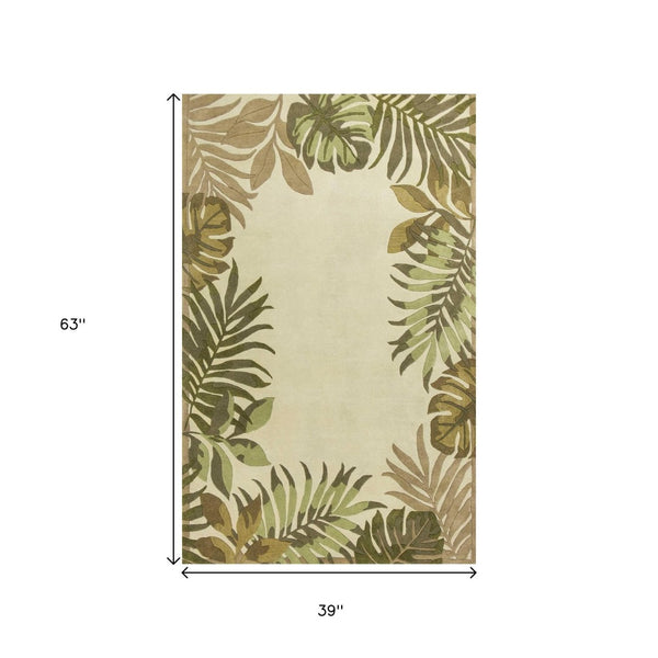 HomeRoots 5' Hand-Tufted Wool Area Rug with Elegant Ivory and Green Botanical Design for Cozy Interiors 3' X 5' 352452