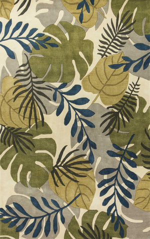HomeRoots 5' Luxurious Wool Botanical Leaves Area Rug - Hand-Tufted Ivory, Green & Blue for Cozy Spaces 3' X 5' 352453