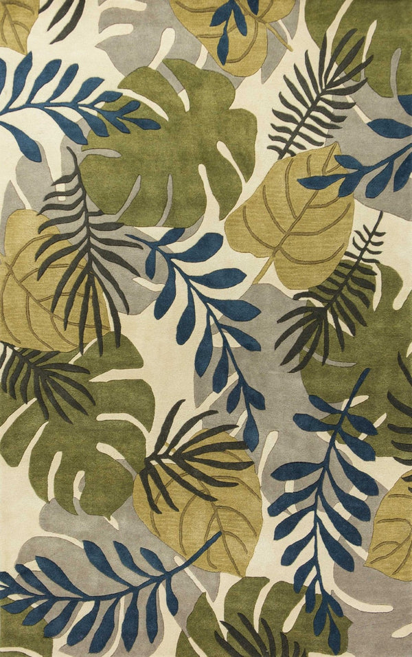 HomeRoots 5' Luxurious Wool Botanical Leaves Area Rug - Hand-Tufted Ivory, Green & Blue for Cozy Spaces 3' X 5' 352453