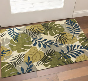 HomeRoots 5' Luxurious Wool Botanical Leaves Area Rug - Hand-Tufted Ivory, Green & Blue for Cozy Spaces 3' X 5' 352453