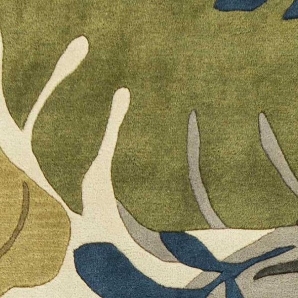HomeRoots 5' Luxurious Wool Botanical Leaves Area Rug - Hand-Tufted Ivory, Green & Blue for Cozy Spaces 3' X 5' 352453
