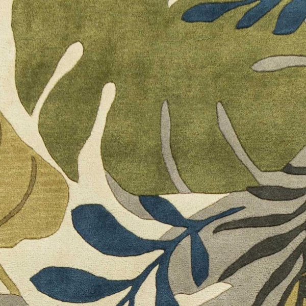 HomeRoots 5' Luxurious Wool Botanical Leaves Area Rug - Hand-Tufted Ivory, Green & Blue for Cozy Spaces 3' X 5' 352453