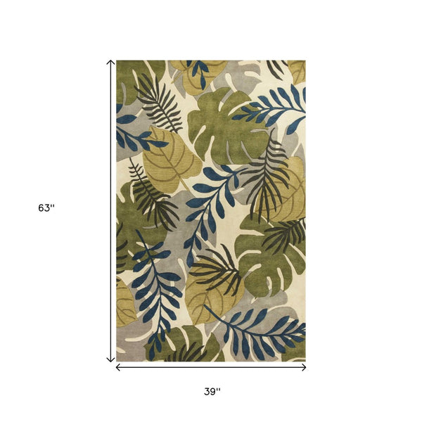 HomeRoots 5' Luxurious Wool Botanical Leaves Area Rug - Hand-Tufted Ivory, Green & Blue for Cozy Spaces 3' X 5' 352453