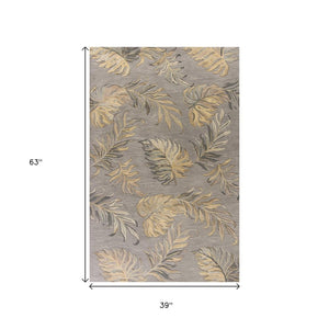 HomeRoots 5' Elegant Gray and Taupe Hand-Tufted Wool Area Rug with Botanical Leaves for Cozy Living Spaces 3' X 5' 352454