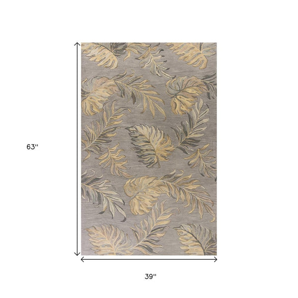 HomeRoots 5' Elegant Gray and Taupe Hand-Tufted Wool Area Rug with Botanical Leaves for Cozy Living Spaces 3' X 5' 352454