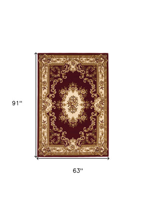 Homeroots 5' X 8' Red And Ivory Floral Bordered Area Rug  Polypropylene 352459