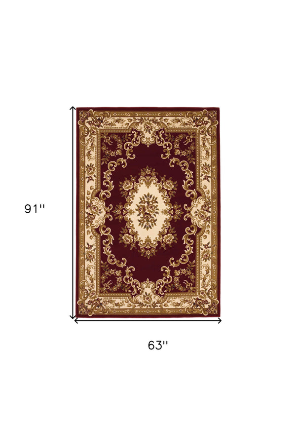 Homeroots 5' X 8' Red And Ivory Floral Bordered Area Rug  Polypropylene 352459