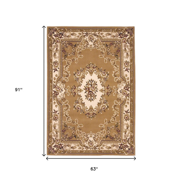 HomeRoots 5' X 8' Floral Medallion Area Rug - Timeless Elegance, Stain-Resistant, Perfect for Busy Homes Beige, Ivory 352460