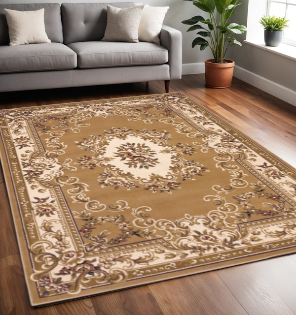 HomeRoots 5' X 8' Floral Medallion Area Rug - Timeless Elegance, Stain-Resistant, Perfect for Busy Homes Beige, Ivory 352460