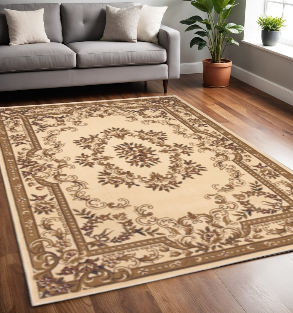 HomeRoots 8' Timeless Beige and Brown Floral Medallion Area Rug - Durable, Elegant, Perfect for High Traffic Areas 5' X 8' 352462