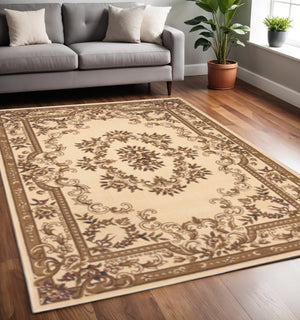 HomeRoots 8' Timeless Beige and Brown Floral Medallion Area Rug - Durable, Elegant, Perfect for High Traffic Areas 5' X 8' 352462