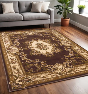 HomeRoots 5' X 8' Floral Medallion Area Rug - Timeless Elegance, Stain-Resistant, Perfect for Busy Homes Plum, Ivory 352464