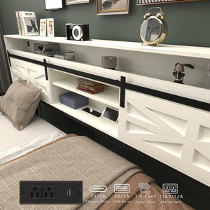 English Elm Twin Farmhouse Daybed with Trundle, Glossy White Sliding Barn Door Headboard, LED App Lighting & Charging Station W2129P369353