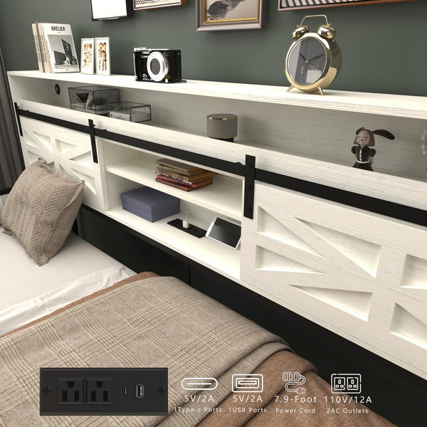 English Elm Twin Farmhouse Daybed with Trundle, Glossy White Sliding Barn Door Headboard, LED App Lighting & Charging Station W2129P369353