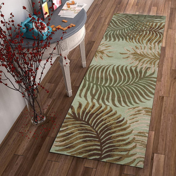 HomeRoots 5' Hand-Tufted Wool Botanical Leaves Area Rug in Aqua and Brown for Timeless, Cozy Elegance 8' Runner 352475