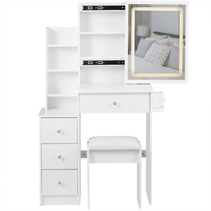 English Elm 29.2" Stylish Left Bedside Vanity Table Set With Led Mirror, Power Station & Cushioned Stool For Small Spaces W936P202468