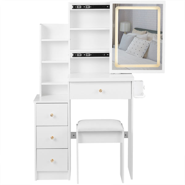 English Elm 29.2" Stylish Left Bedside Vanity Table Set With Led Mirror, Power Station & Cushioned Stool For Small Spaces W936P202468