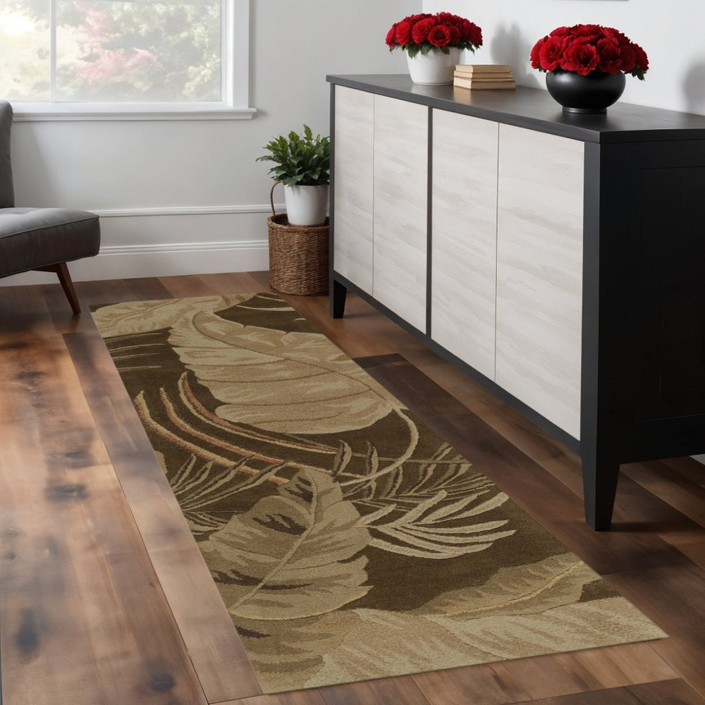 HomeRoots 5' Hand-Tufted Wool Area Rug with Brown and Beige Botanical Leaves – Artisanal Comfort for Every Room 8' Runner 352477