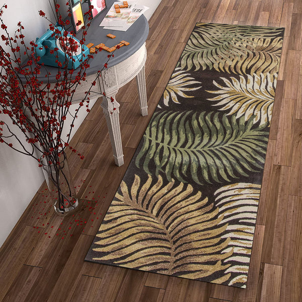 Homeroots 8' Espresso Brown Hand Tufted Tropical Leaves Indoor Runner Rug  Wool 352479