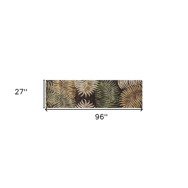 Homeroots 8' Espresso Brown Hand Tufted Tropical Leaves Indoor Runner Rug  Wool 352479