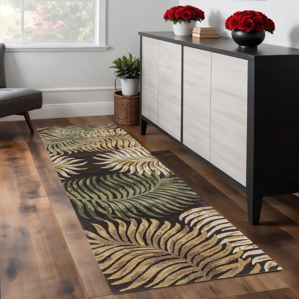 HomeRoots 5' Hand-Tufted Wool Area Rug with Botanical Leaves Design in Espresso, Beige, and Green Tones 8' Runner 352479